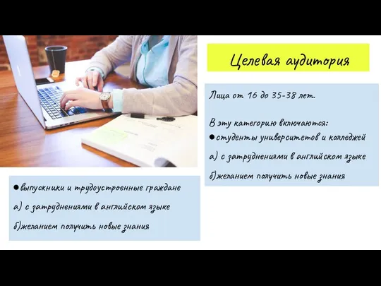 Целевая аудитория Лица от 16 до 35-38 лет. В эту категорию включаются: