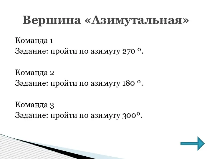 Команда 1 Задание: пройти по азимуту 270 º. Команда 2 Задание: пройти