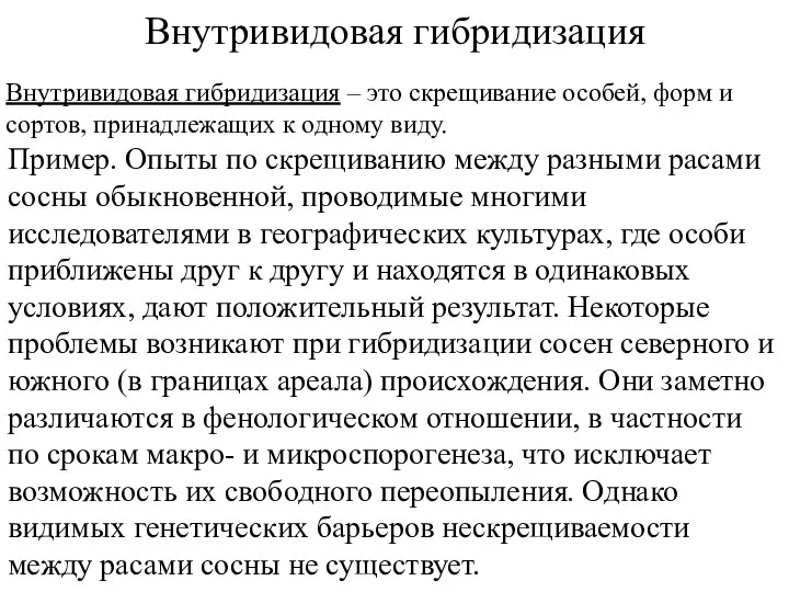 Внутривидовая гибридизация Внутривидовая гибридизация – это скрещивание особей, форм и сортов, принадлежащих