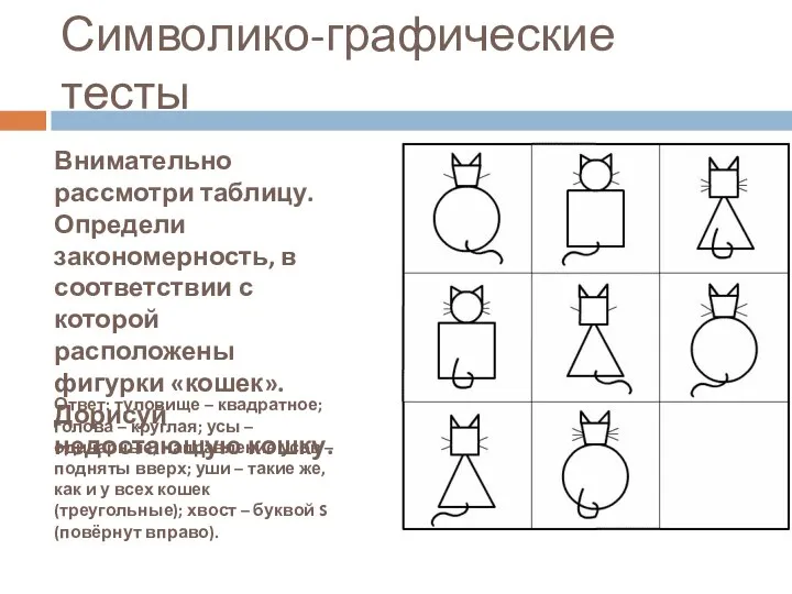 Символико-графические тесты Внимательно рассмотри таблицу. Определи закономерность, в соответствии с которой расположены