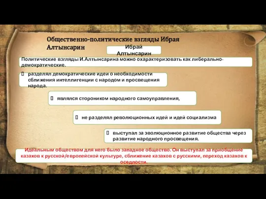 Общественно-политические взгляды Ибрая Алтынсарин Ибрай Алтынсарин разделял демократические идеи о необходимости сближения