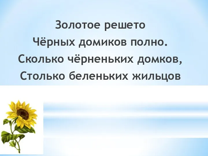 Золотое решето Чёрных домиков полно. Сколько чёрненьких домков, Столько беленьких жильцов