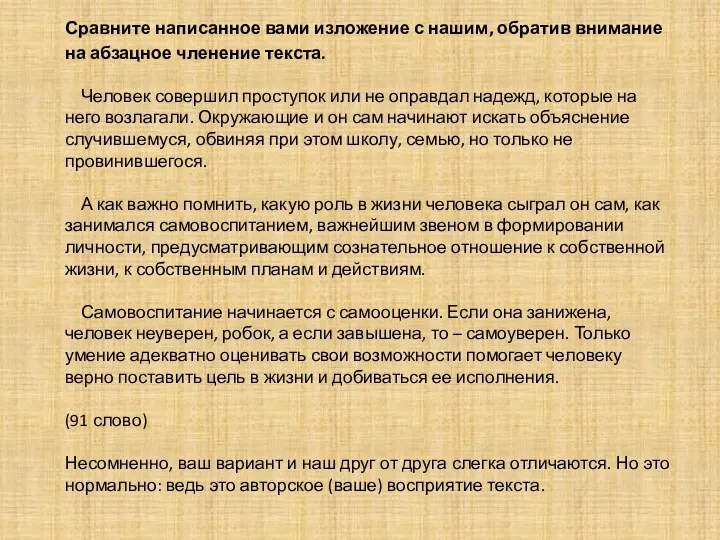 Сравните написанное вами изложение с нашим, обратив внимание на абзацное членение текста.