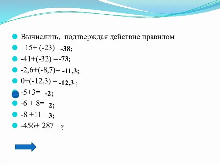 Вычислить, подтверждая действие правилом –15+ (-23)= -41+(-32) = -2,6+(-8,7)= 0+(-12,3) = -5+3=