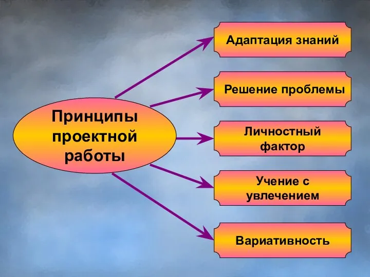 Вариативность Решение проблемы Учение с увлечением Личностный фактор Адаптация знаний Принципы проектной работы