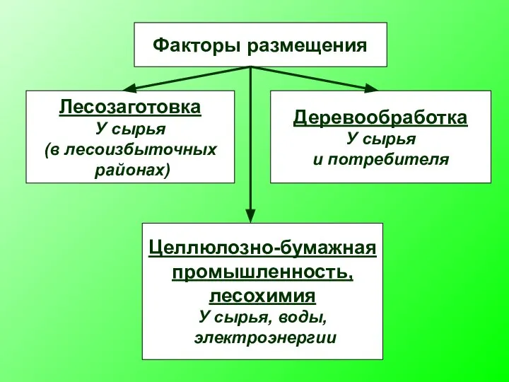 Факторы размещения Лесозаготовка У сырья (в лесоизбыточных районах) Деревообработка У сырья и