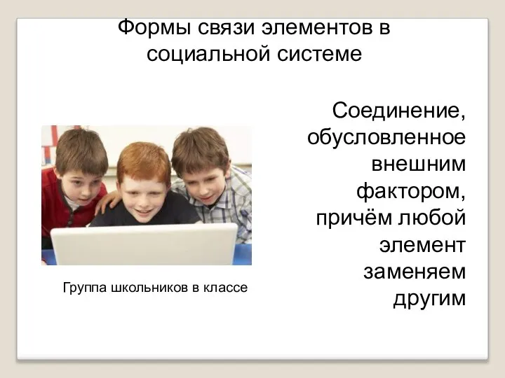 Формы связи элементов в социальной системе Группа школьников в классе Соединение, обусловленное