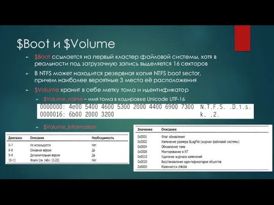 $Boot и $Volume $Boot ссылается на первый кластер файловой системы, хотя в