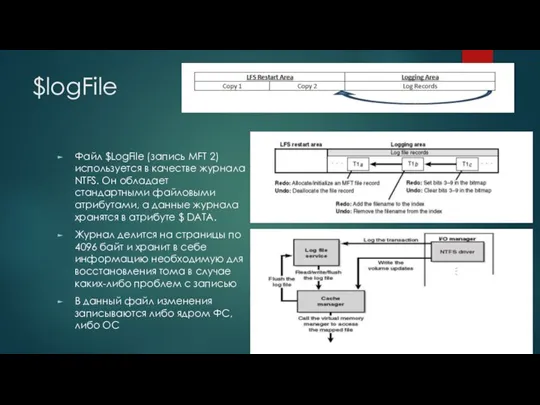 $logFile Файл $LogFile (запись MFT 2) используется в качестве журнала NTFS. Он