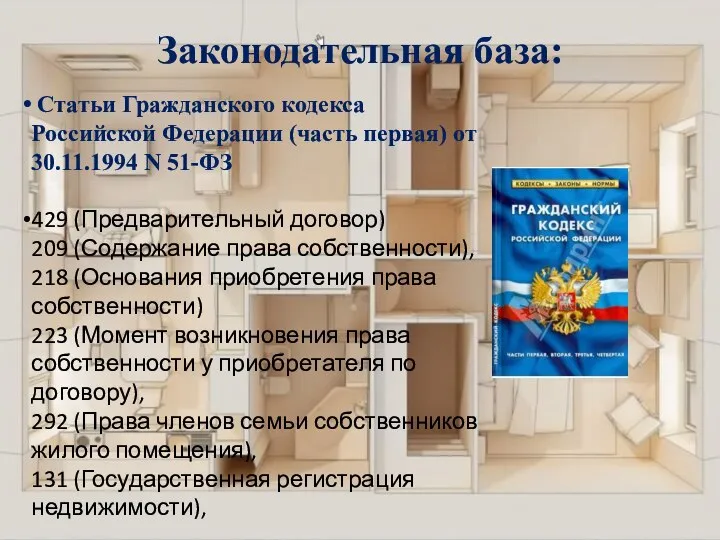 Законодательная база: Статьи Гражданского кодекса Российской Федерации (часть первая) от 30.11.1994 N
