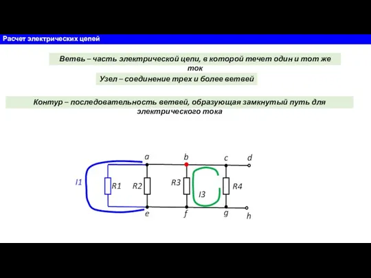 Расчет электрических цепей R1 R2 R3 R4 I1 I3 Ветвь – часть