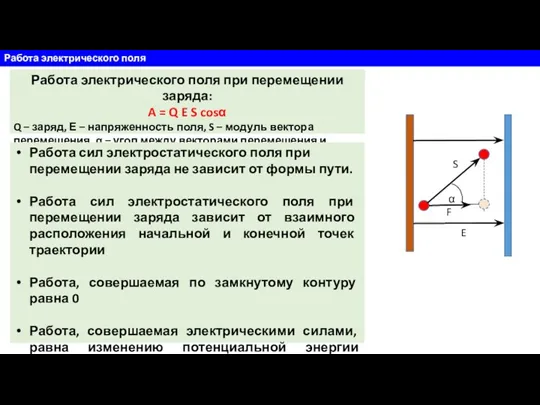 Работа электрического поля Работа электрического поля при перемещении заряда: A = Q