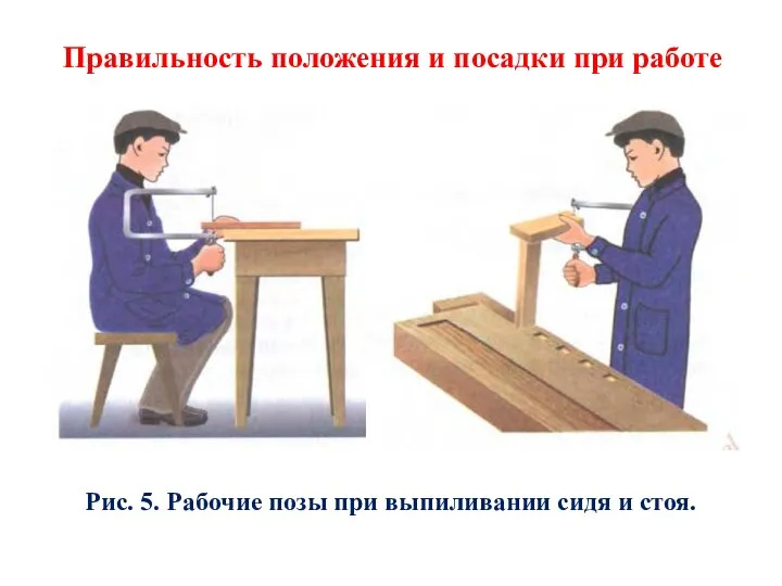 Рис. 5. Рабочие позы при выпиливании сидя и стоя. Правильность положения и посадки при работе