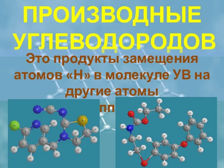 ПРОИЗВОДНЫЕ УГЛЕВОДОРОДОВ Это продукты замещения атомов «Н» в молекуле УВ на другие атомы или группу атомов