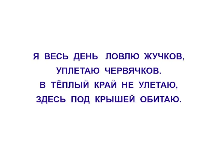 Я ВЕСЬ ДЕНЬ ЛОВЛЮ ЖУЧКОВ, УПЛЕТАЮ ЧЕРВЯЧКОВ. В ТЁПЛЫЙ КРАЙ НЕ УЛЕТАЮ, ЗДЕСЬ ПОД КРЫШЕЙ ОБИТАЮ.