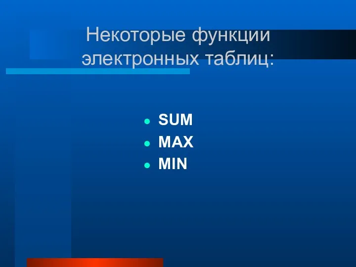 Некоторые функции электронных таблиц: SUM MAX MIN