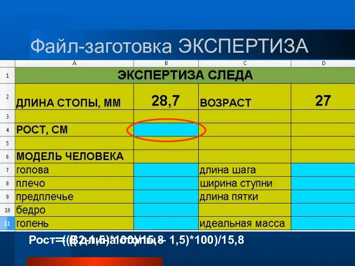 Файл-заготовка ЭКСПЕРТИЗА Рост = (( длина стопы – 1,5)*100)/15,8 =((В2-1,5)*100)/15,8