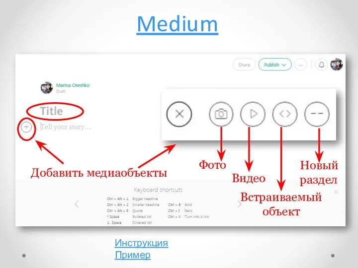 Medium Добавить медиаобъекты Фото Видео Встраиваемый объект Новый раздел Инструкция Пример