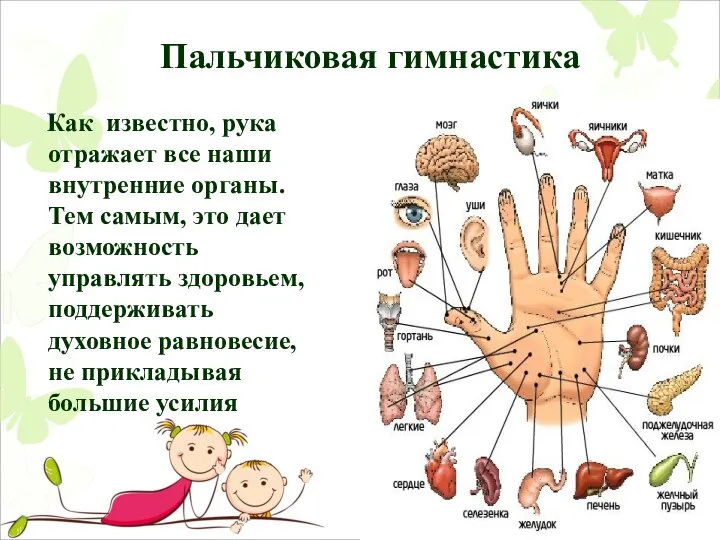 Пальчиковая гимнастика Как известно, рука отражает все наши внутренние органы. Тем самым,
