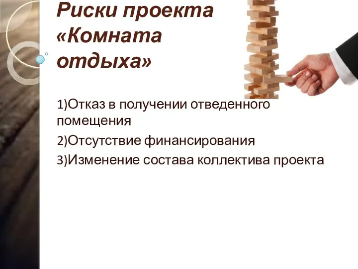 Риски проекта «Комната отдыха» 1)Отказ в получении отведенного помещения 2)Отсутствие финансирования 3)Изменение состава коллектива проекта