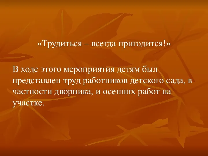 «Трудиться – всегда пригодится!» В ходе этого мероприятия детям был представлен труд