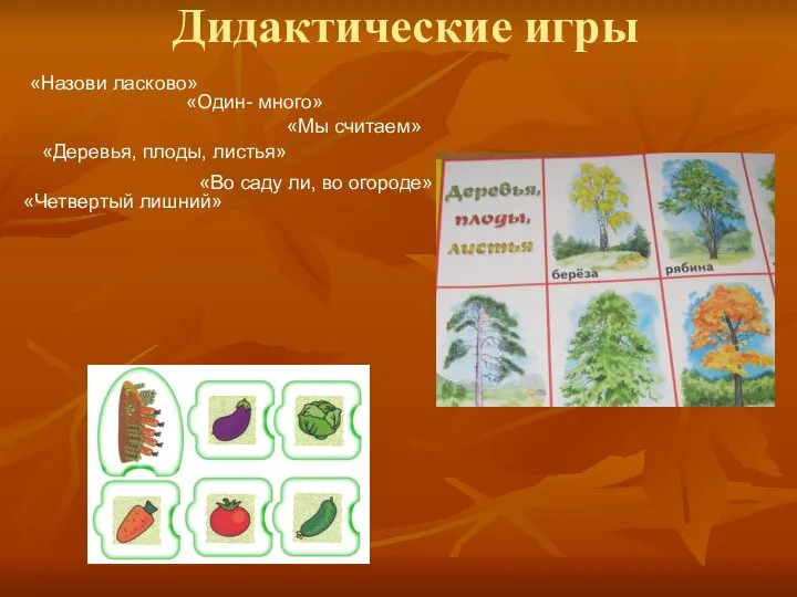 Дидактические игры «Назови ласково» «Один- много» «Мы считаем» «Деревья, плоды, листья» «Во