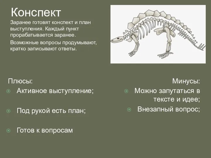 Конспект Заранее готовят конспект и план выступления. Каждый пункт прорабатывается заранее. Возможные