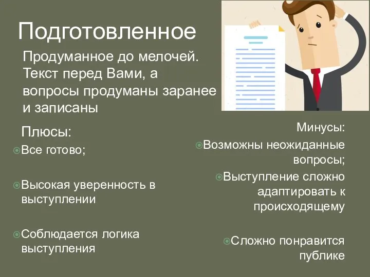 Подготовленное Продуманное до мелочей. Текст перед Вами, а вопросы продуманы заранее и