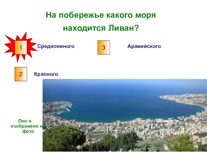 На побережье какого моря находится Ливан? 1 Средиземного 2 3 Красного Аравийского