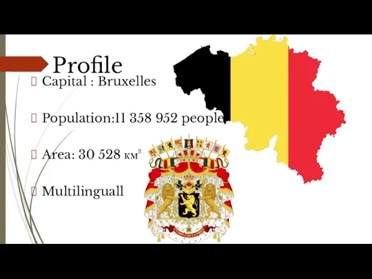 Capital : Bruxelles Population:11 358 952 people Area: 30 528 км² Multilinguall Profile