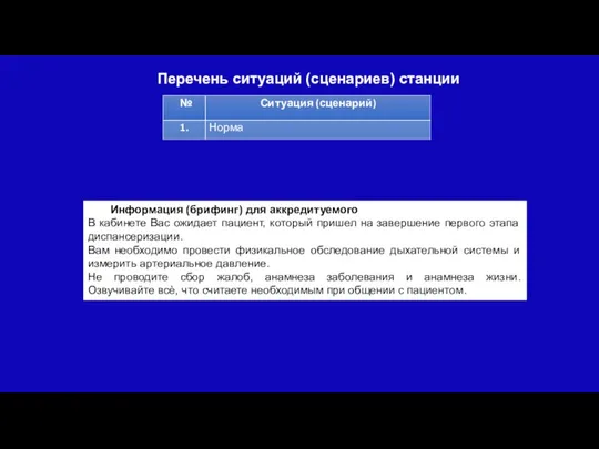 Перечень ситуаций (сценариев) станции Информация (брифинг) для аккредитуемого В кабинете Вас ожидает