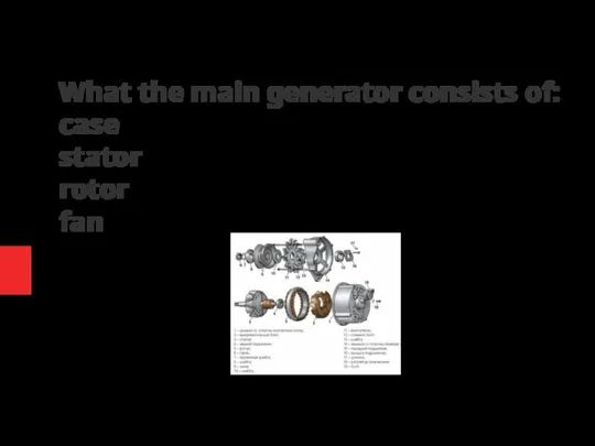 What the main generator consists of: case stator rotor fan