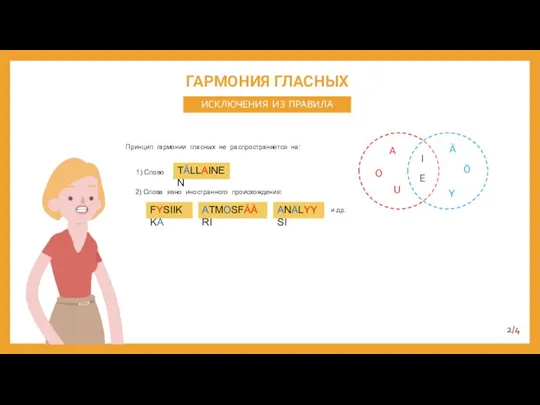 ГАРМОНИЯ ГЛАСНЫХ ИСКЛЮЧЕНИЯ ИЗ ПРАВИЛА 2/4 Принцип гармонии гласных не распространяется на: