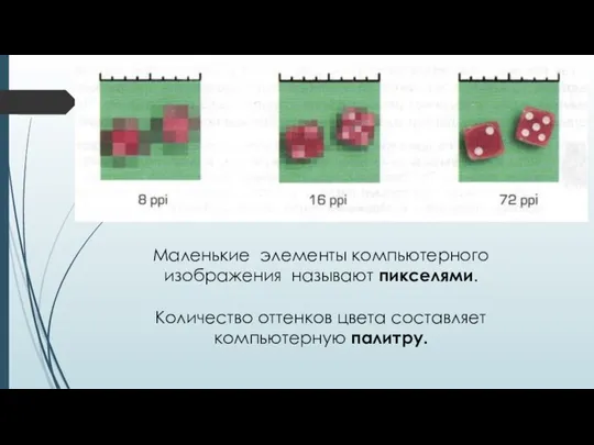 Маленькие элементы компьютерного изображения называют пикселями. Количество оттенков цвета составляет компьютерную палитру.