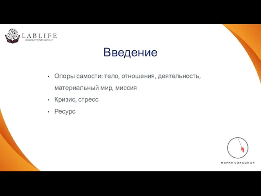 Введение Опоры самости: тело, отношения, деятельность, материальный мир, миссия Кризис, стресс Ресурс