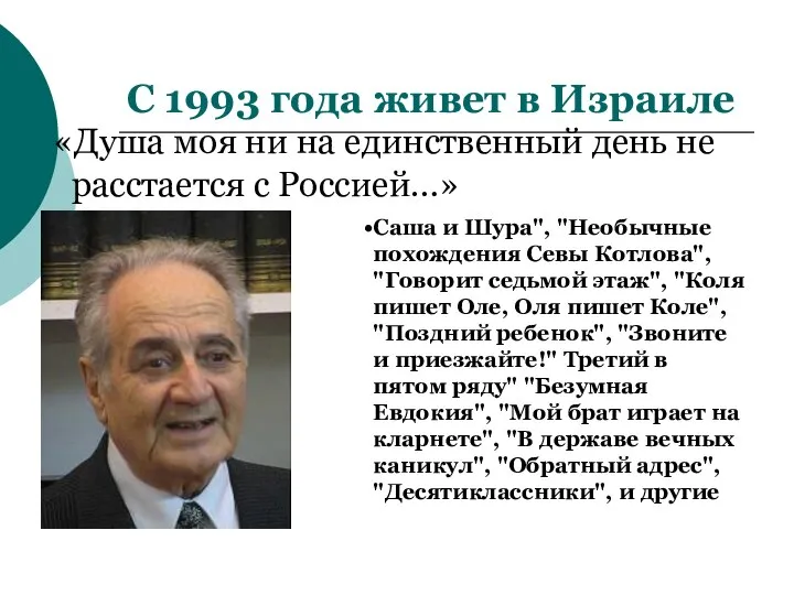 С 1993 года живет в Израиле «Душа моя ни на единственный день