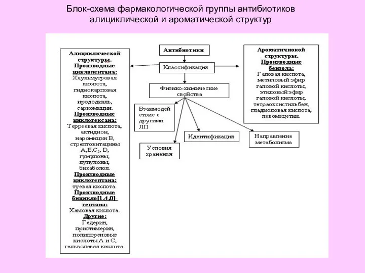 Блок-схема фармакологической группы антибиотиков алициклической и ароматической структур