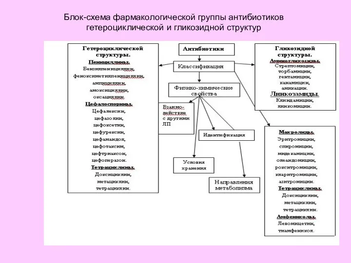 Блок-схема фармакологической группы антибиотиков гетероциклической и гликозидной структур