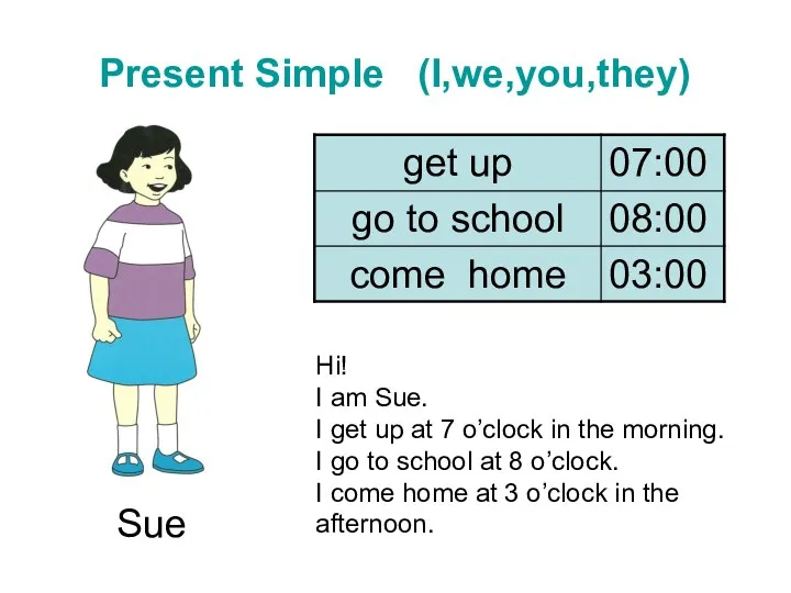 Sue Present Simple ( I,we,you,they ) Hi! I am Sue. I get