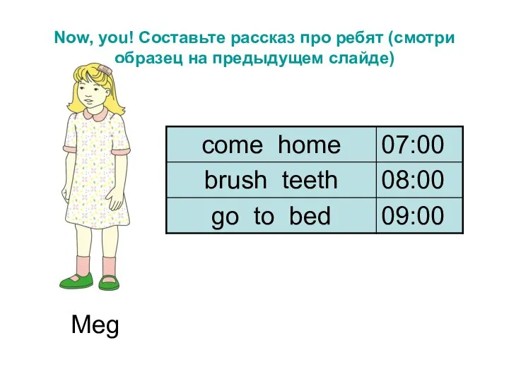 Now, you! Составьте рассказ про ребят (смотри образец на предыдущем слайде) Meg