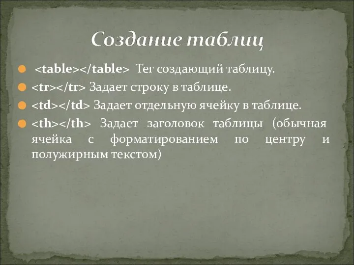 Тег создающий таблицу. Задает строку в таблице. Задает отдельную ячейку в таблице.