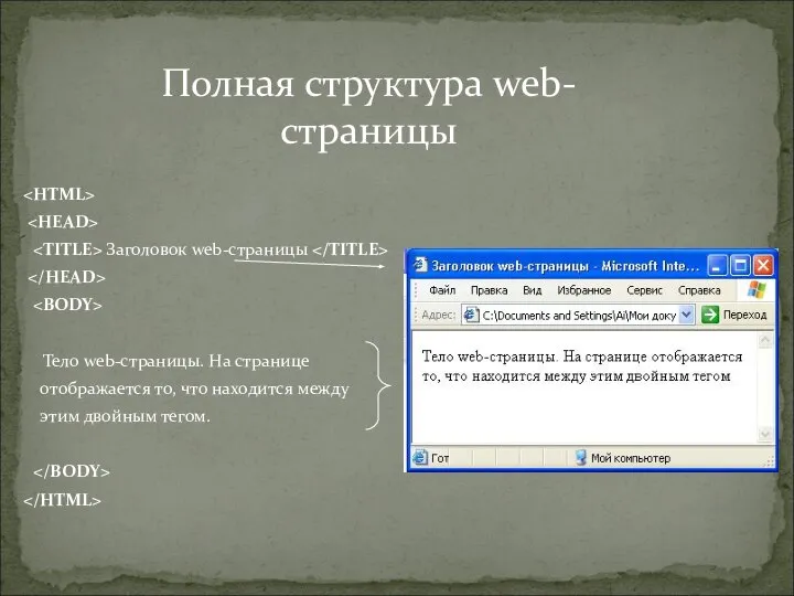 Заголовок web-страницы Тело web-страницы. На странице отображается то, что находится между этим