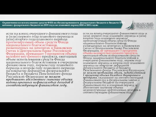 Ограничения на использование средств ФНБ на сбалансированность федерального бюджета и бюджета ПФР,