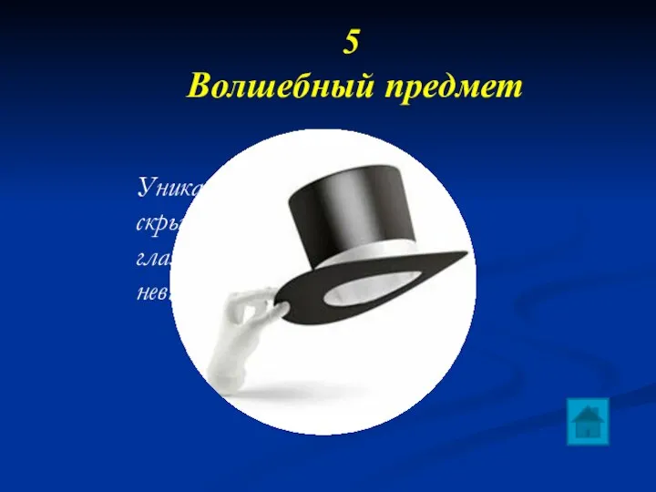 5 Волшебный предмет Уникальный объект, скрывающий обладателя от глаз посторонних, делая его невидимым.