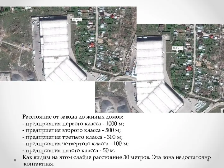 Расстояние от завода до жилых домов: - предприятия первого класса - 1000