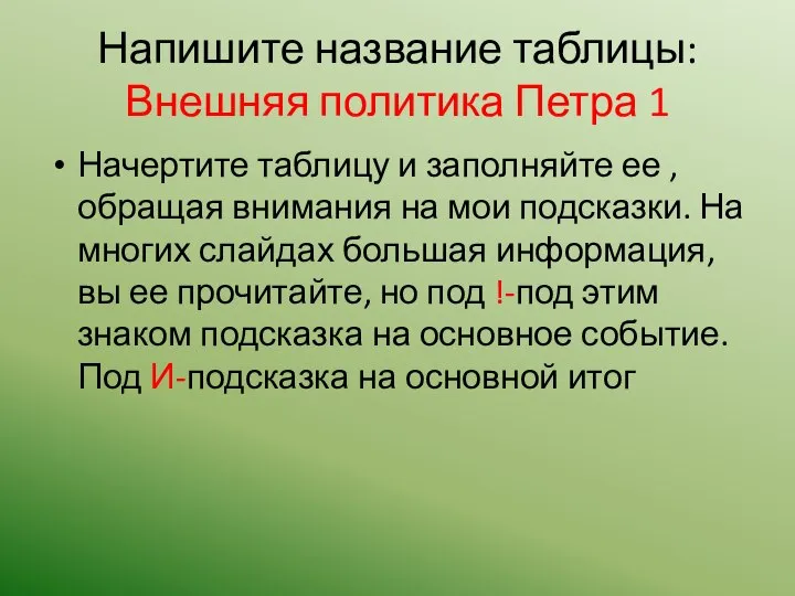 Напишите название таблицы: Внешняя политика Петра 1 Начертите таблицу и заполняйте ее