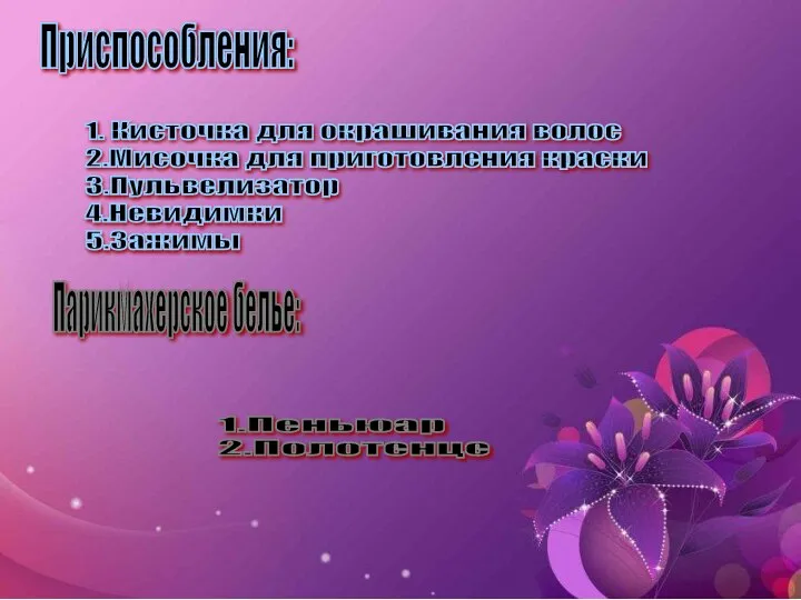 Приспособления: 1. Кисточка для окрашивания волос 2.Мисочка для приготовления краски 3.Пульвелизатор 4.Невидимки