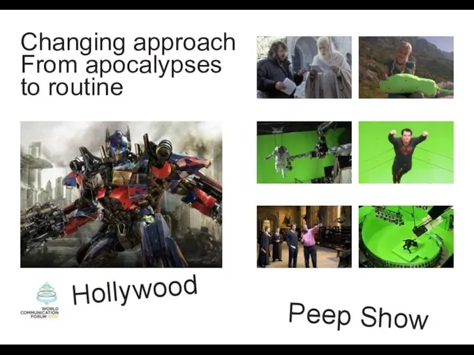 Changing approach From apocalypses to routine Hollywood Peep Show