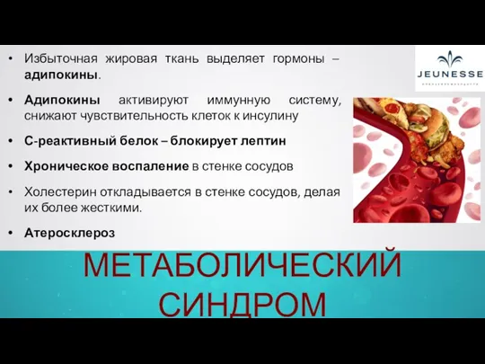 МЕТАБОЛИЧЕСКИЙ СИНДРОМ ожирение, воспаление и атеросклероз Избыточная жировая ткань выделяет гормоны –