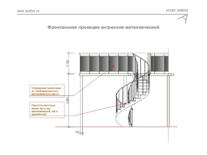 АЛЫЕ ПАРУСА_КВАРТИРА 233_3 ЭТАЖ Фронтальная проекция антресоли металлической